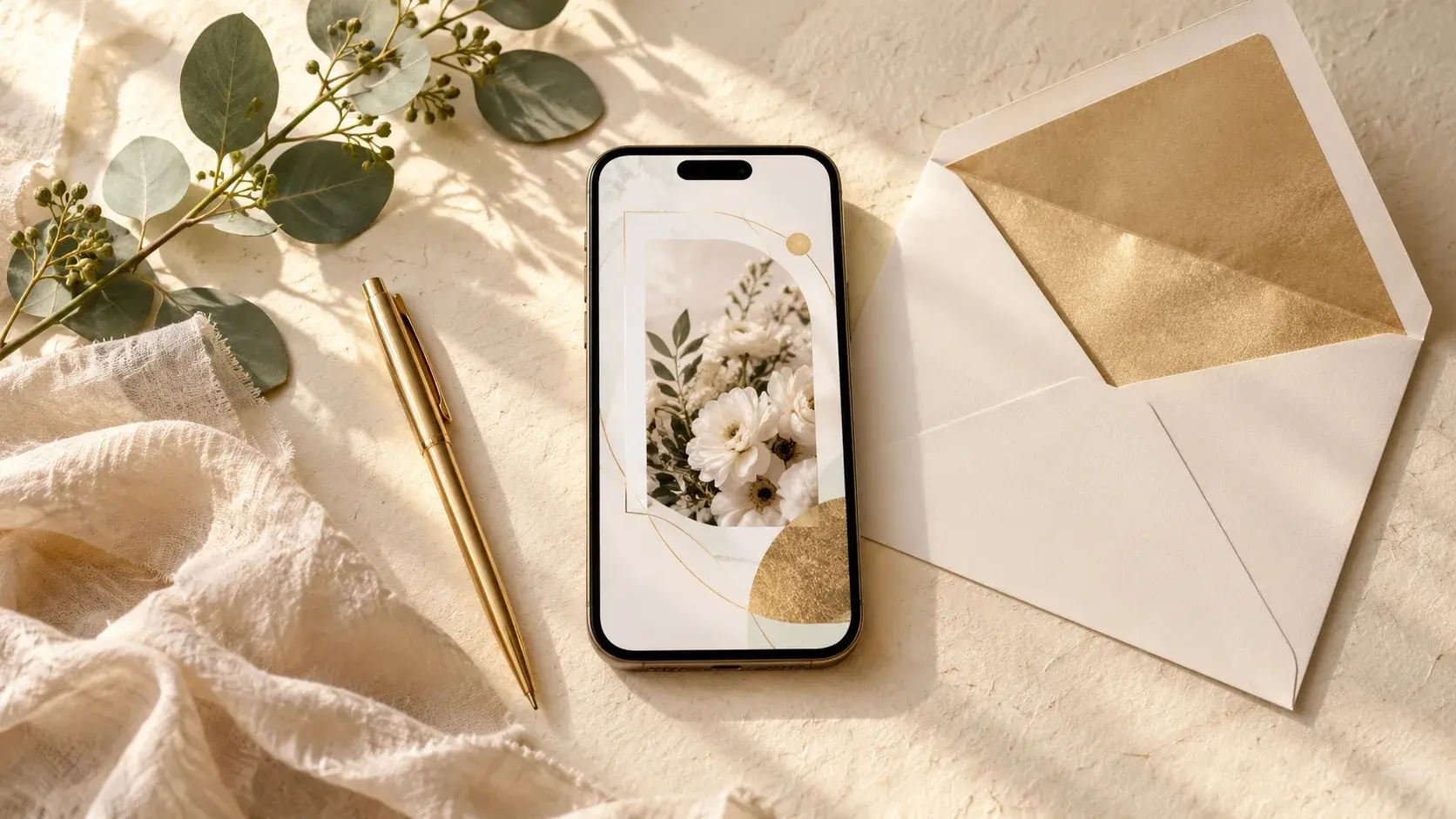 Phone displaying a digital invitation beside an envelope and a gold pen