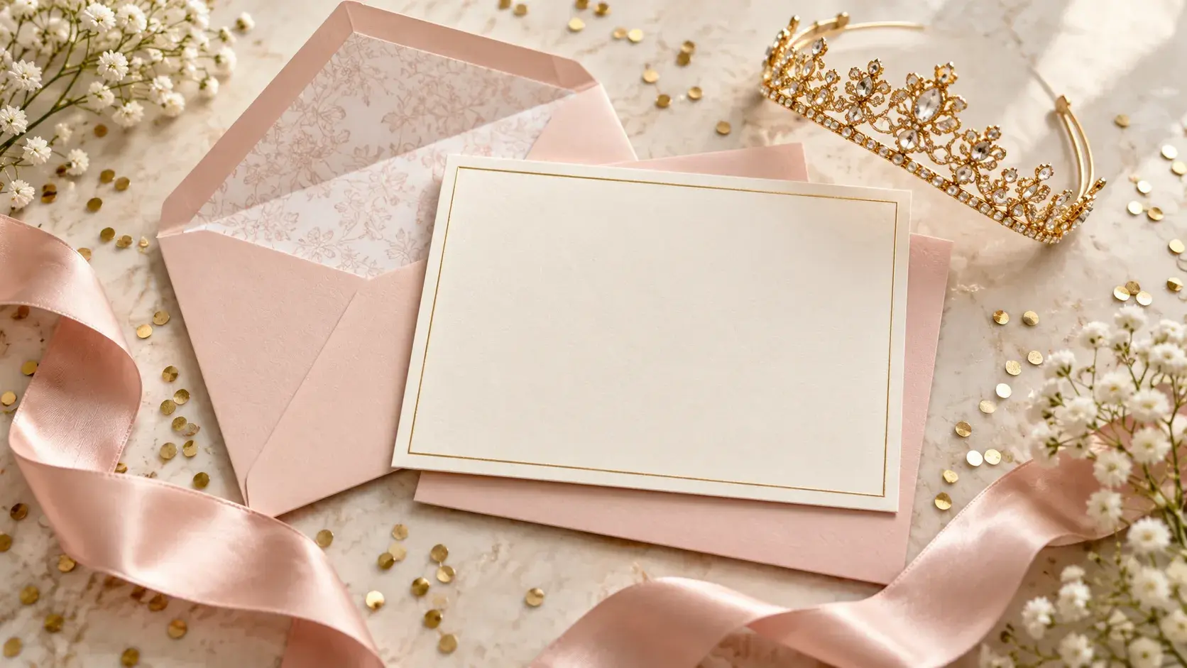 Blush pink invitation with a gold tiara, satin ribbon and confetti