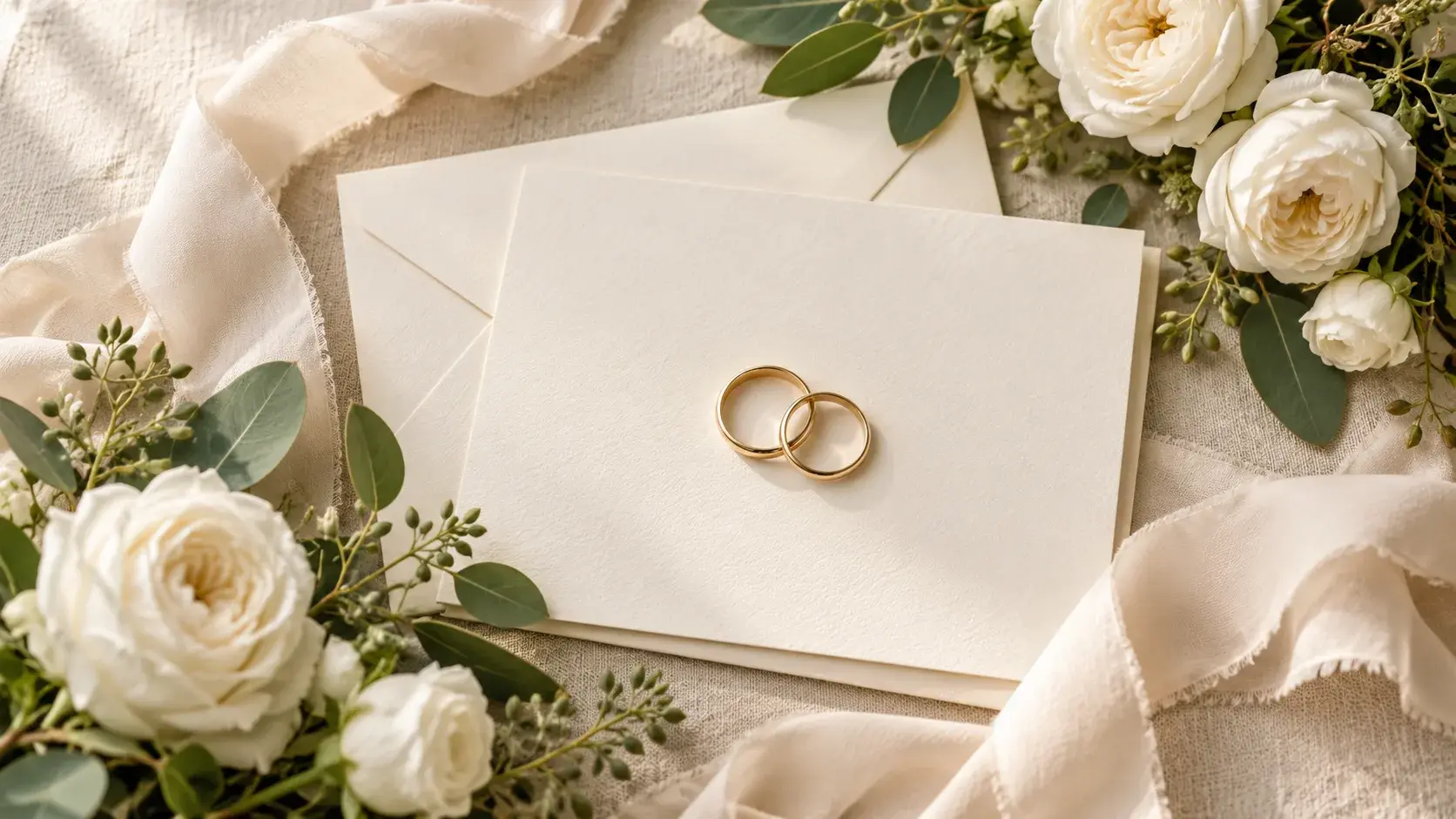 Gold wedding rings on invitation cards with white flowers and a silk ribbon
